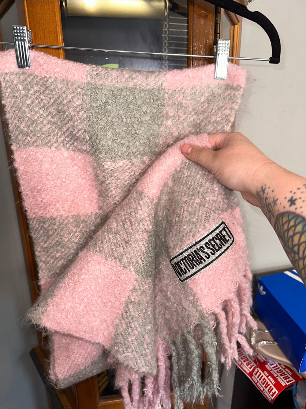 Victoria's Secret Pink and Taupe Check Plaid Fringe Scarf